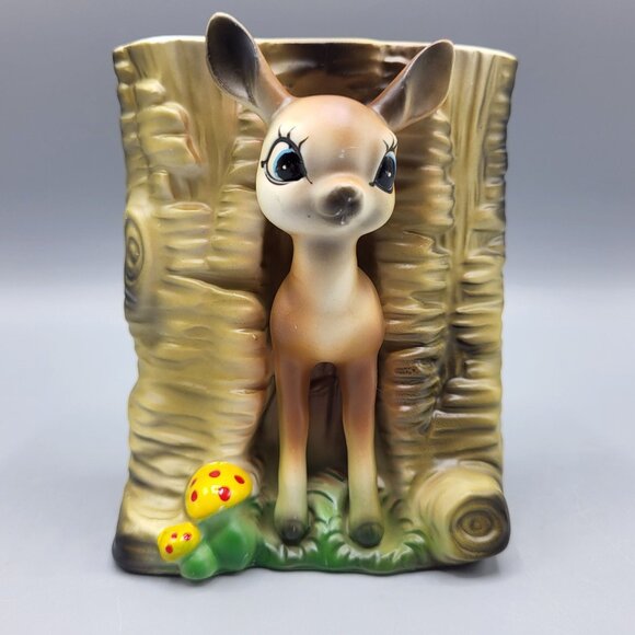 Vintage MCM Bambi Deer Vase Kitchy Planter Deer & Mushrooms Ceramic Table Decor - Picture 1 of 16